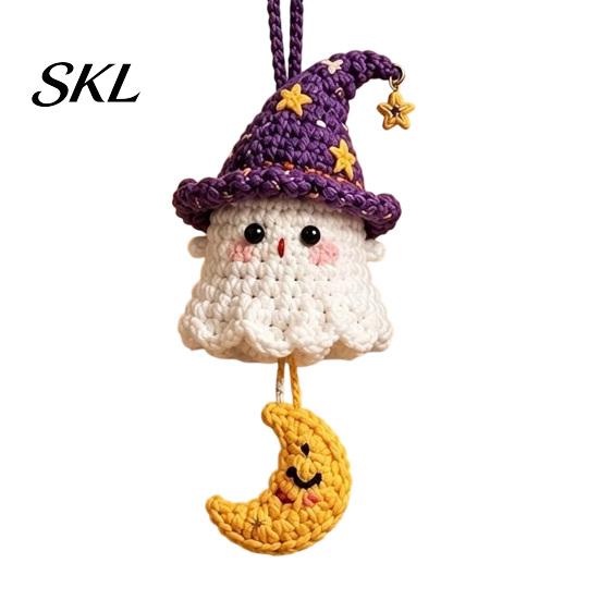 Crochet Ghost Hanging Decor Halloween Decoration, Handmade Ornament for Car Backpack Charms Rearview Mirror, Knit Yarn Pendant Holiday Hand Woven