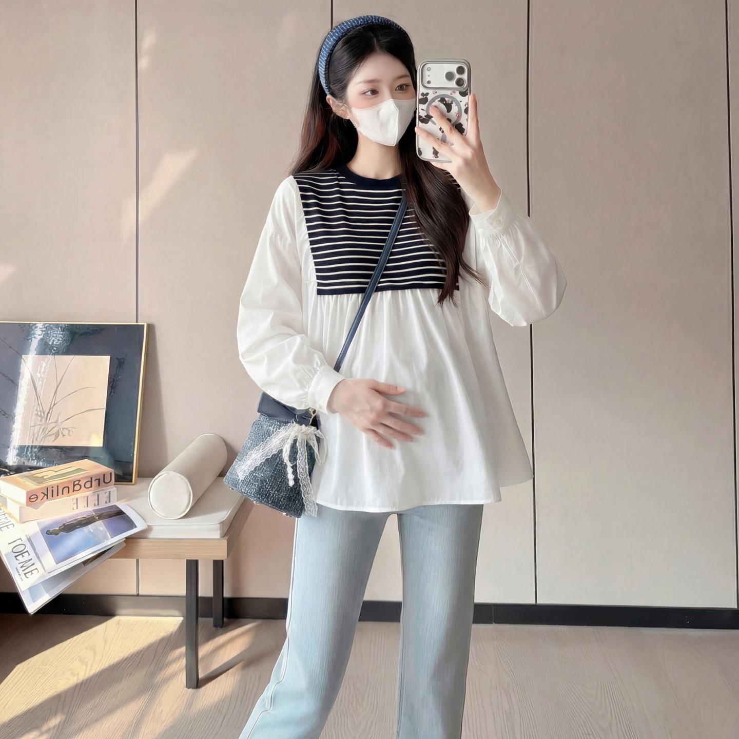 2026 Spring Maternity Fashion: Faux Two-Piece Spliced Doll Shirt L