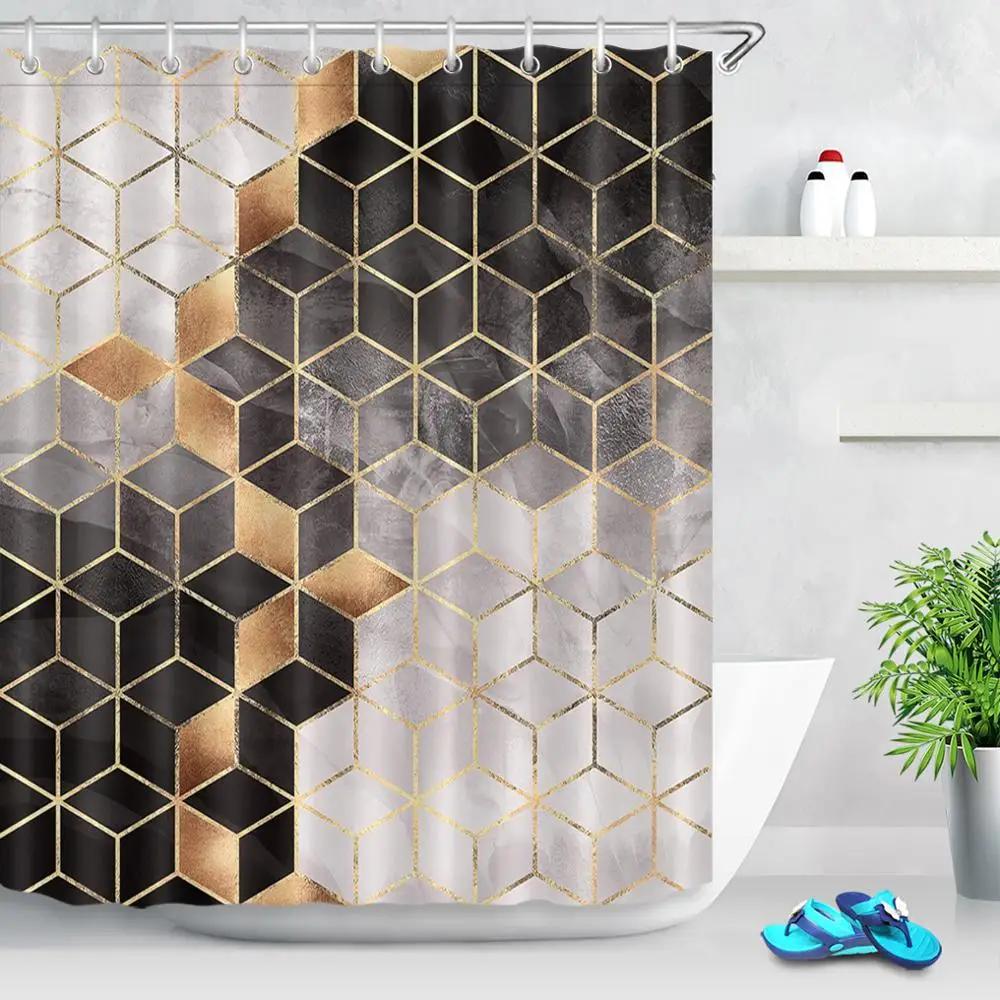 Złota Geometria Romb Nordic Marmurowa Tekstura Zasłony Prysznicowe Zasłona Łazienkowa Wodoodporna Poliestrowa Tkanina do Wystroju Wanny