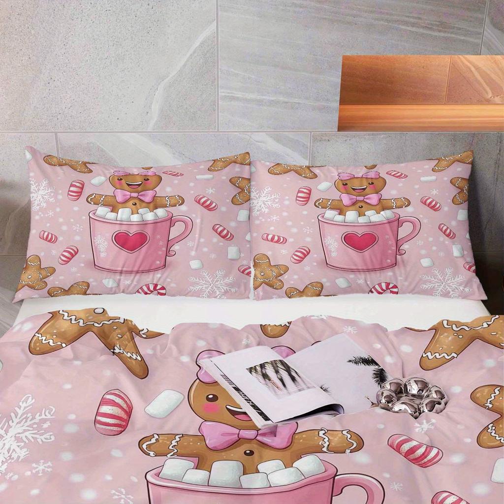 Gingerbread Pink Cplusy Heart Snowflake Christmas Theme for Living Rom Bedrom Hotel Home Decor Festive Holiday Beding Set