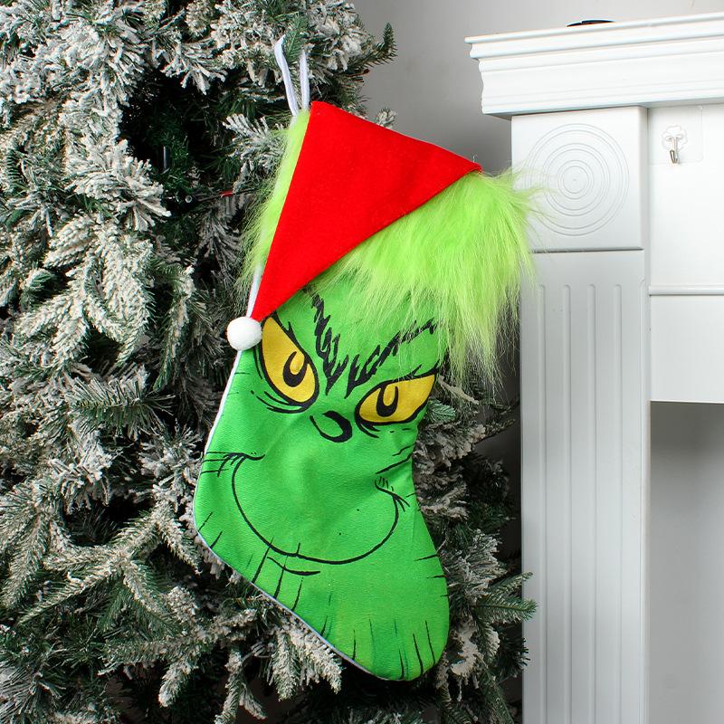 Șosete decorative pentru ziua de Crăciun Grinch păr verde monstru șosete luminoase geanta cu bomboane pandantiv geantă cadou