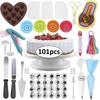 Ensemble de 101 pièces Plateau tournant pour gâteau Ensemble de douilles à pâtisserie Moule à gâteau en silicone Spatule Outils de décoration de gâteau Plateau tournant Embouts de poche à douille