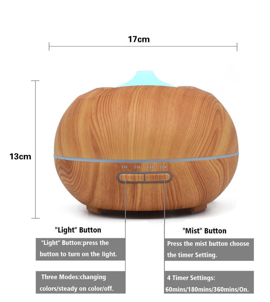 Diffusore di Aromi ad Ultrasuoni con Effetto Legno e Luce Colorata, Umidificatore da 400 ml per la Casa