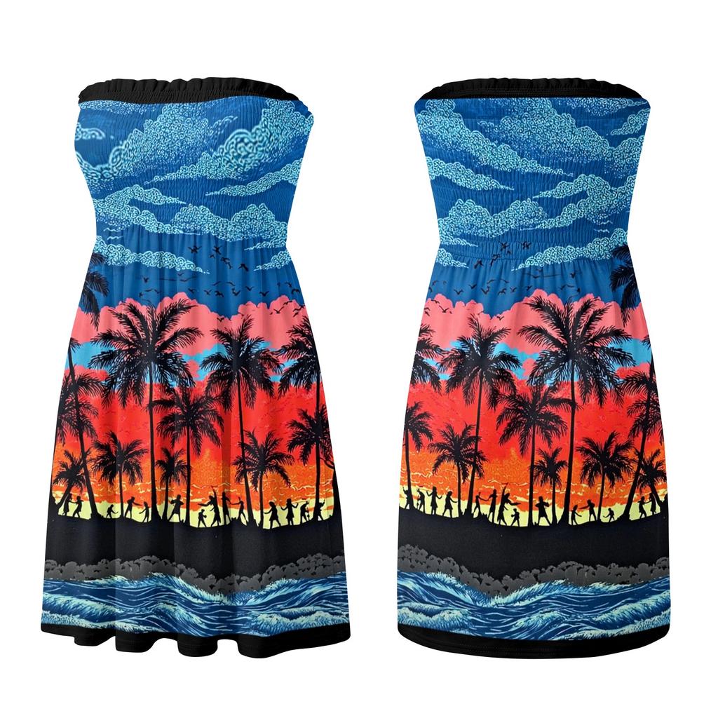 Strapless Smocked Sundress for Women with Tree and Print Lightweight Beach Holiday Dress