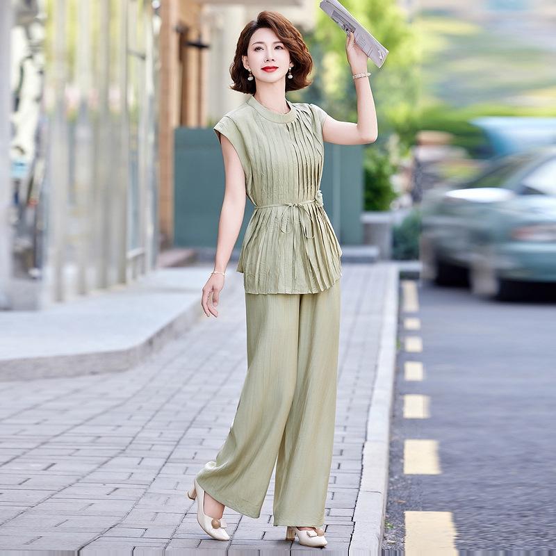 Chic Chiffon Suit: Round Neck Top & Wide-Leg Pants for Women 2026