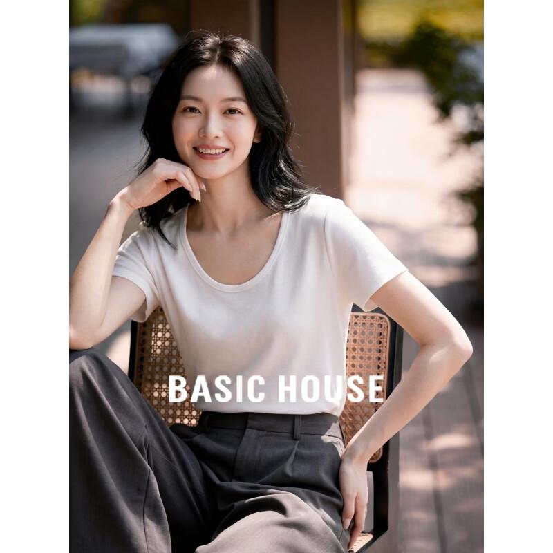 Basic House Women s U-Neck Lyocell Linen Blend Short Sleeve T-Shirt L