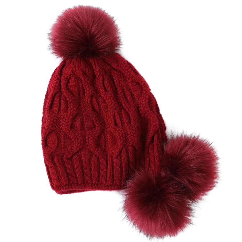 Women Knitted Cap Warm Woolen Hat with Plush Fuzzy Balls for Autumn Winter