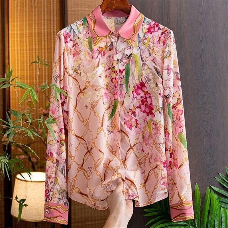 

Модная омолаживающая высококлассная рубашка для женщин Новинка Женственный темперамент Лацкан Контрастный принт Топ S розовый