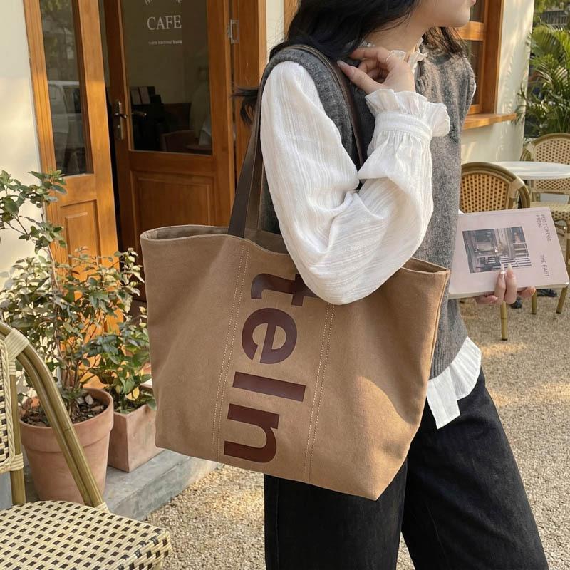 Korean Shoulder Bag Large Capacity Canvas Tote Bag for Women with Letter Print Comfortable and Versatile Texture Storage Bags