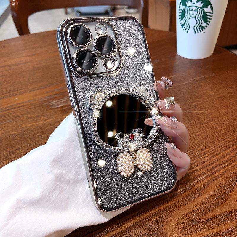 

Подходит для чехла для мобильного телефона iPhone 15, силиконовый чехол с зеркалом в виде медведя, защитный чехол 14 Promax, 13 Apple 16 Роскошный Need hand rope plus money