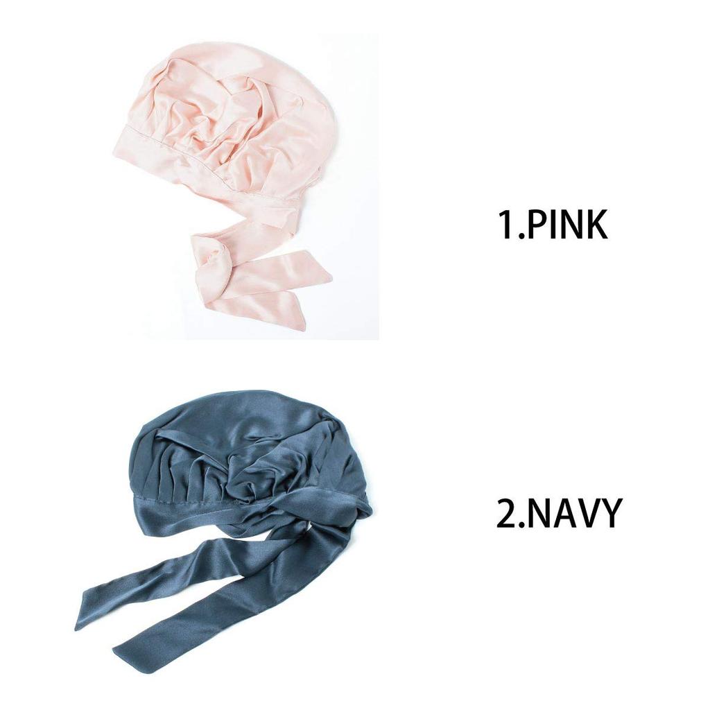 [BASIQUENTI] 100% Silk Night Cap – Silk Ribbon Cap, Women’s Free Size, Navy