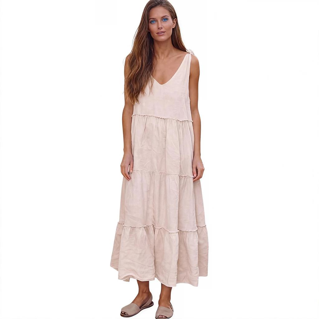 Women's Cotton And Linen Dress Women Sexy Tie Shoulder Cami Dress Casual Loose Sleeveless Ruched Flowy Dress