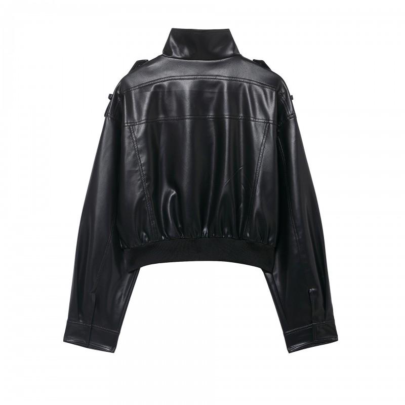 Womens Faux Leather Strap Jacket Square Collar Loose Fit Long Sleeve Winter