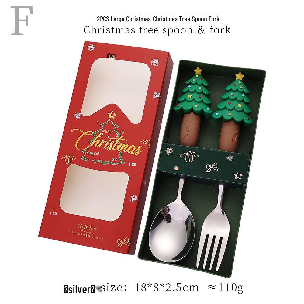 Reindeer Cartoon Christmas Spoon & Fork Set - Cute Stainless Steel Gift in Color Box