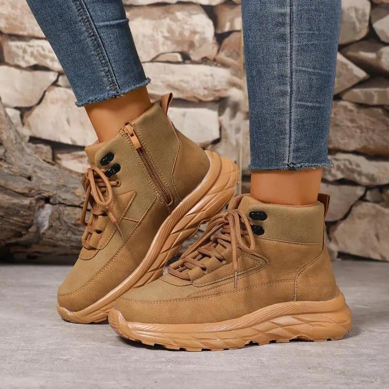 Casual Solid Lace Up Decoration Non Slip Hiking Shoes Women 2025 Autumn Round Toe Thick Bottom Sneakers Soft Sole Sports Shoes