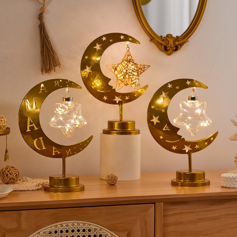 Middle Eastern Festival Moon and Star LED Decorative Rattan Ornament Lamp for Bedroom