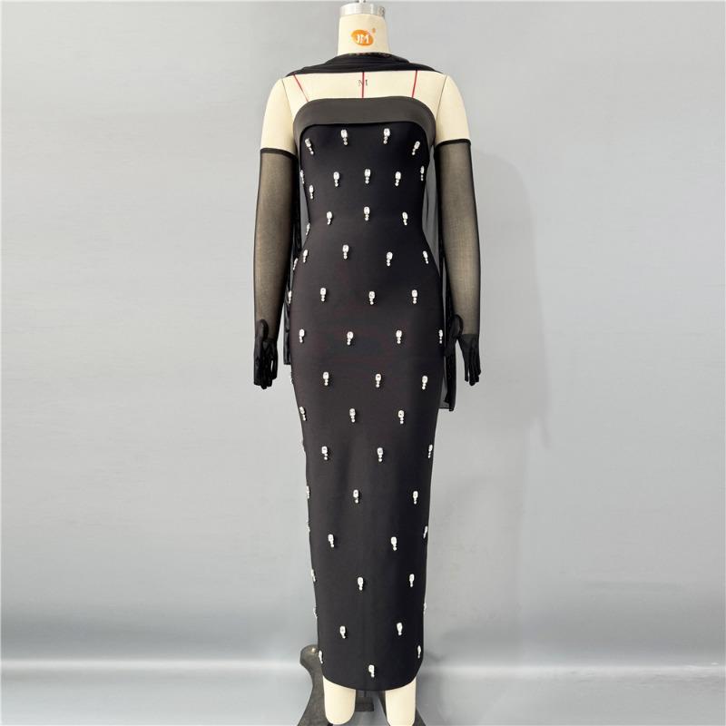 

Новое модное платье-бандаж с топом-трубой, сексуальное нишевое платье с бриллиантами, длинное платье с темпераментом, вечернее платье XL чёрный