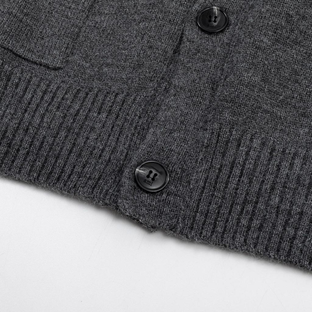 AMI Men's Autumn and Winter New Product Love Alpaca Wool Blended Soft and Sticky Knitted Cardigan Round Neck Cloud Sweater Pocket Coat