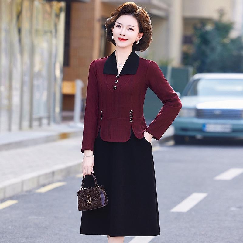 Spring & Autumn 2025 Women's Petite Shirt Collar Dress for Middle-Aged and Elderly - Fake Two-Piece Design