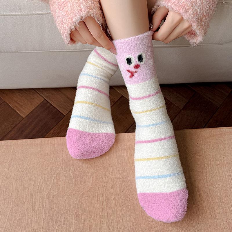 Pink Australian Velvet Socks Medium Tube Socks Season Warm, Piled And Thickened Cute Expression Cartoon Plush Sleep Socks