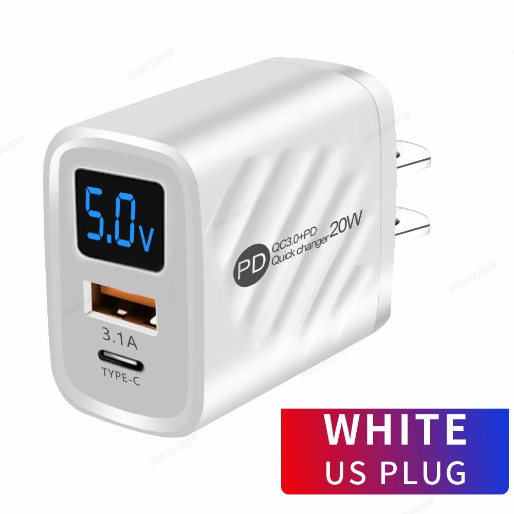 20W USB Charger Fast Charging 2 Ports Type C Phone Charger Adapter for IPhone Samsung Xiaomi Digital Display USB C Wall Charger
