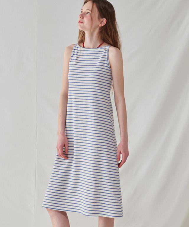 RONRON Boatneck Sleeveless Long Dress Blue Stripe