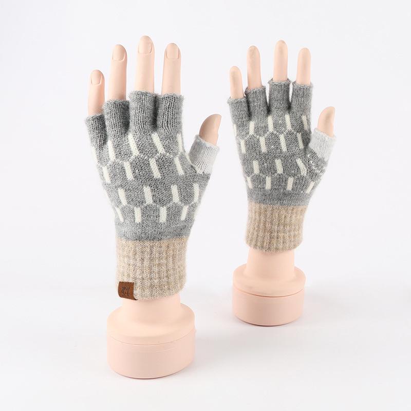 

Half-finger gloves autumn and winter women s wool to keep warm cute student versatile dew finger winter knitting leak five fingers One Size серый