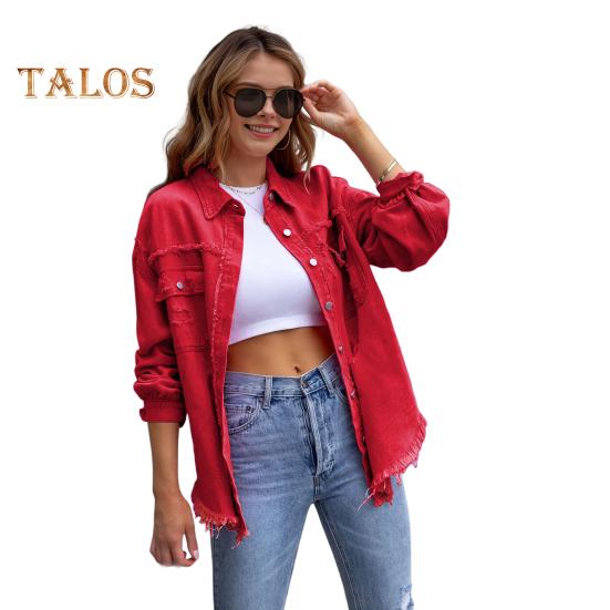 

Женская джинсовая куртка в стиле ретро, однобортная, с рваными отверстиями, отложным воротником, длинными рукавами, однотонными карманами с клапанами, женское пальто для поездок на работу и шопинга XL красный