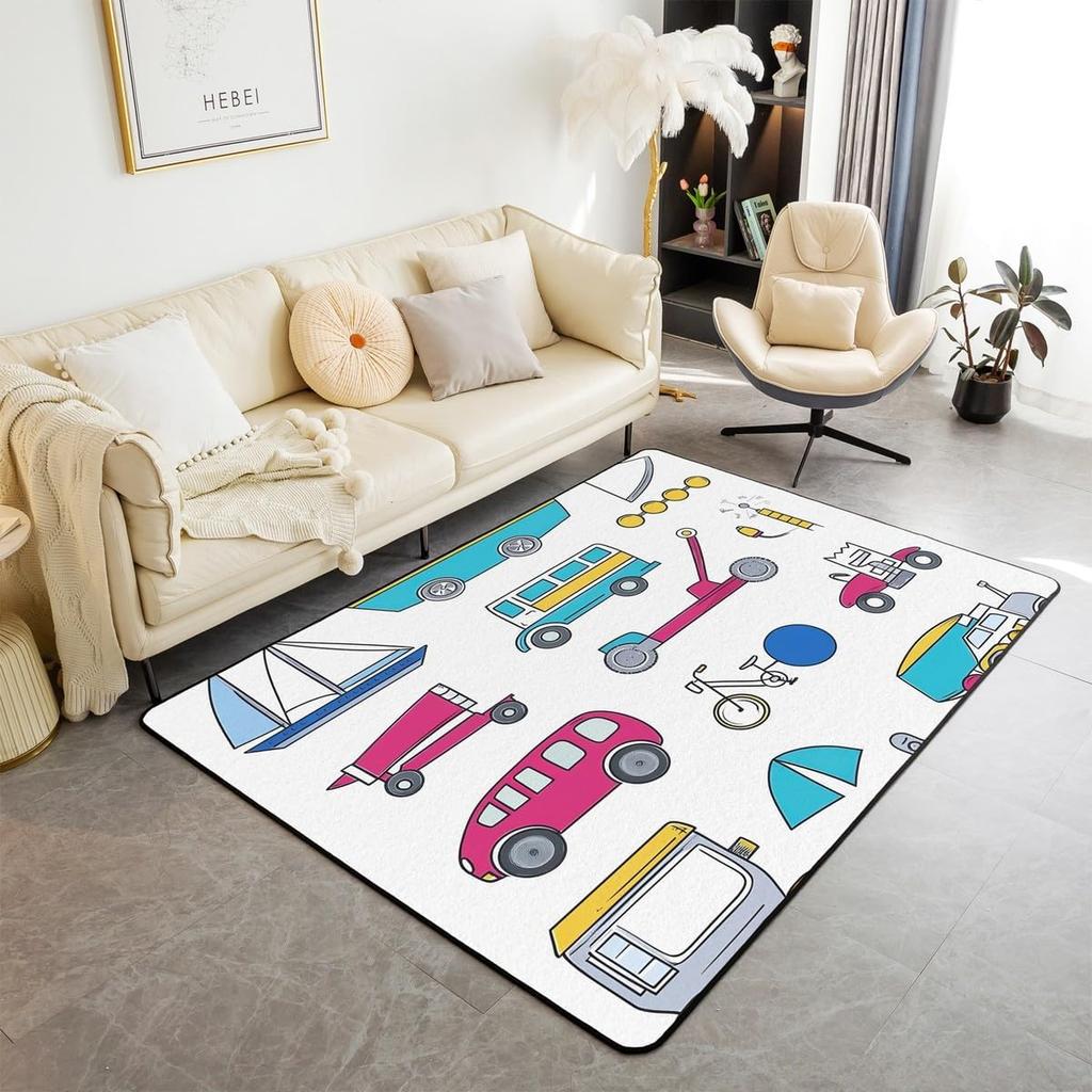 Cartoon Car Kids Area Rug for Bedroom Living Room, Construction Vehicles Indoor Floor Mat for Boys Girls Teens, Dinosaur Yellow