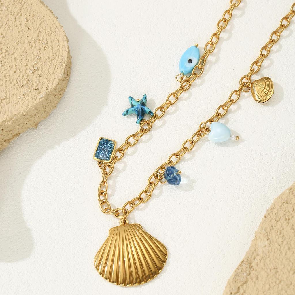 304L Stainless Steel Ocean Shell & Starfish Gold Necklace