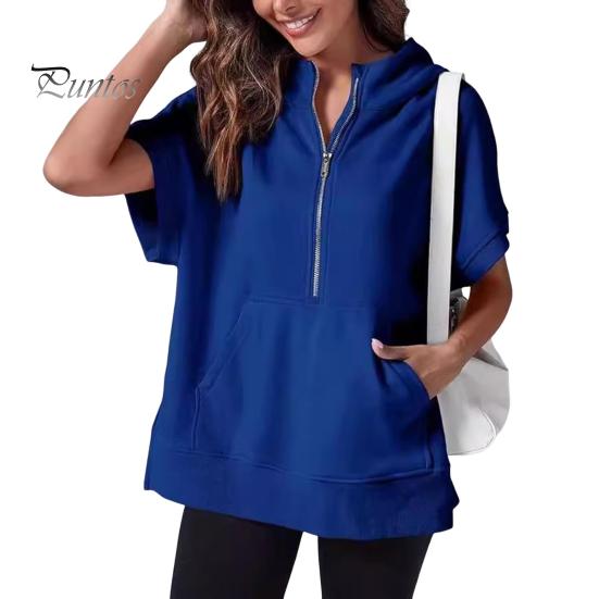 Summer Women Hoodie Half Zipper Short Sleeves Solid Color Pullover Loose with Pocket Casual Daily Wear School Sport Pullover Top Female Clothes
