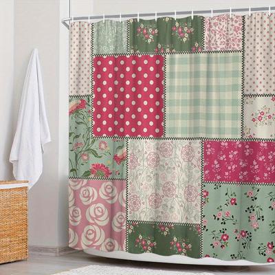 Vintage Floral & Kariert Patchwork Duschvorhang - Pastellrosa, Grün, Weiß Quiltstil, Polyester, Gemütliche Stilvolle Baddeko