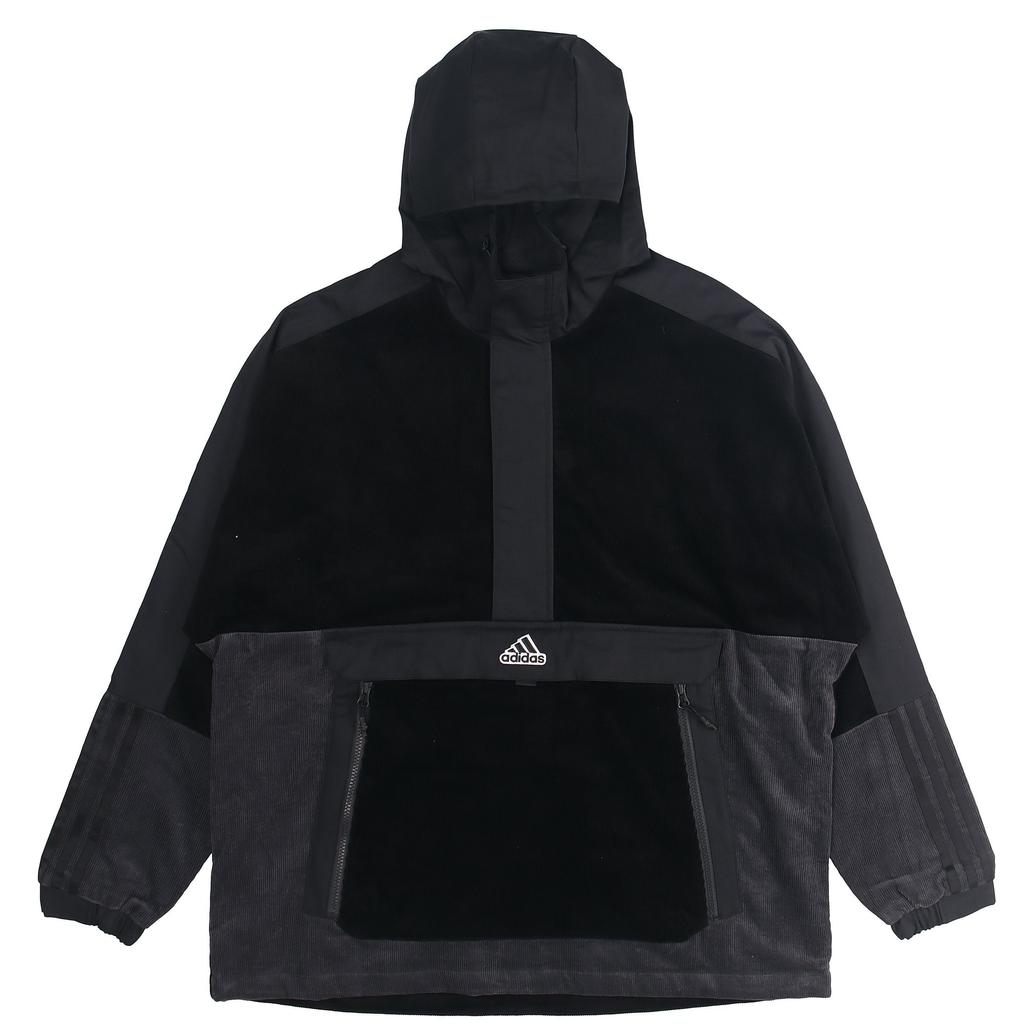adidas Corduroy Hooded Sports Jacket with Half Zipper and Logo Patchwork Men Jackets Black HD0365