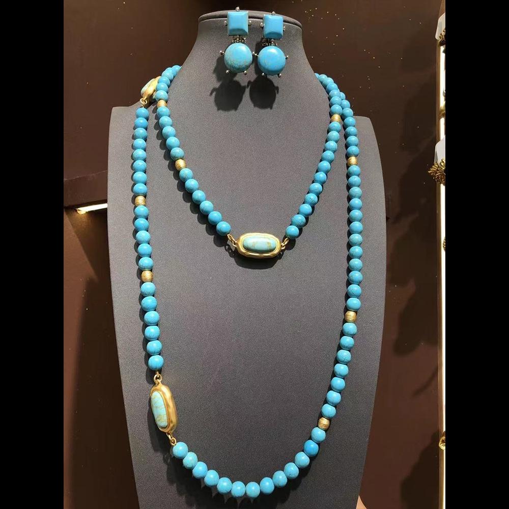 Turquoise Long Sweater Chain Multi-layer Double-layer Vintage High-end Necklace Earrings
