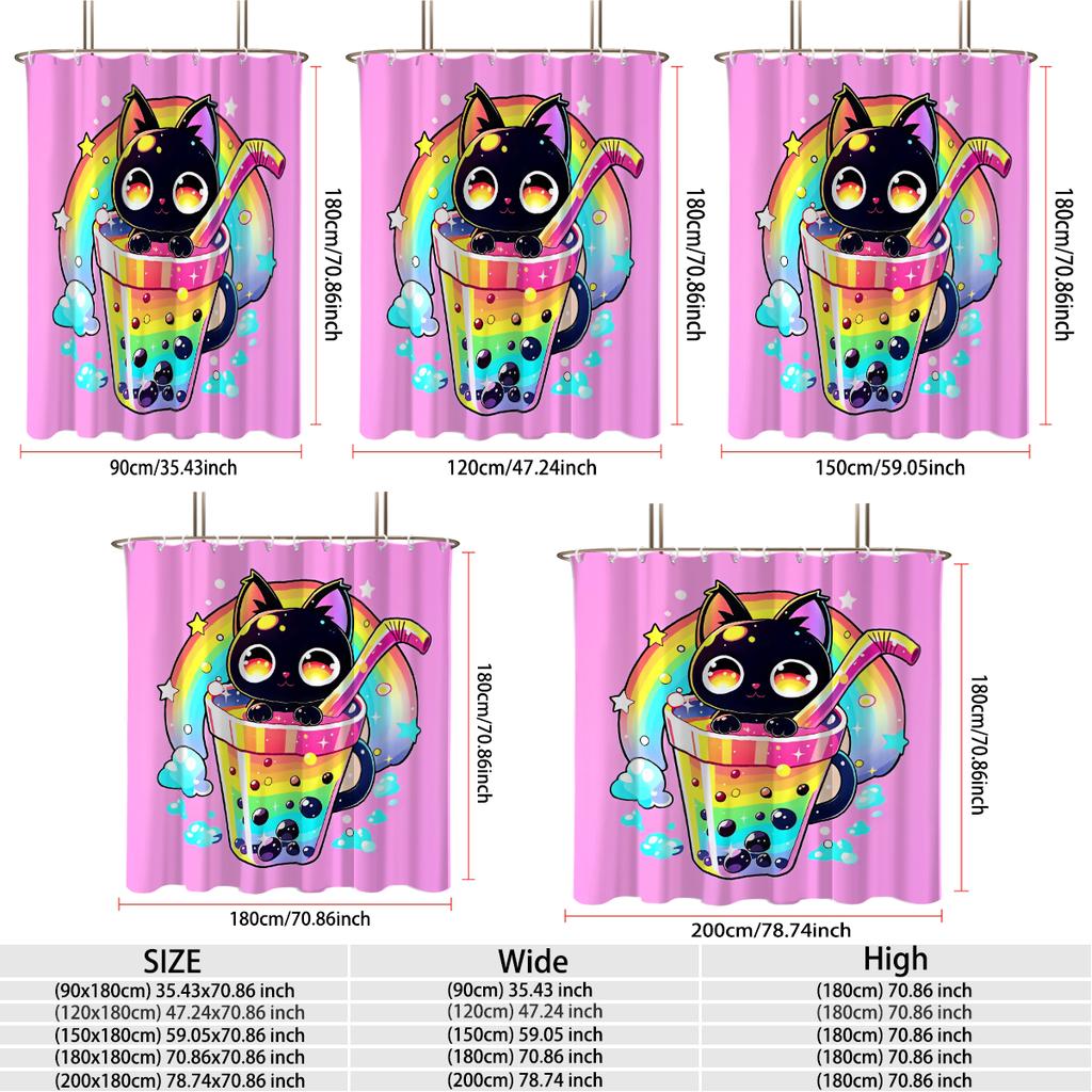 1PC Cartoon Black Cat Rainbow Boba Pearl Milk Tea Shower Curtain Waterproof Fabric Bathroom Partition Privacy Hanging Curtain