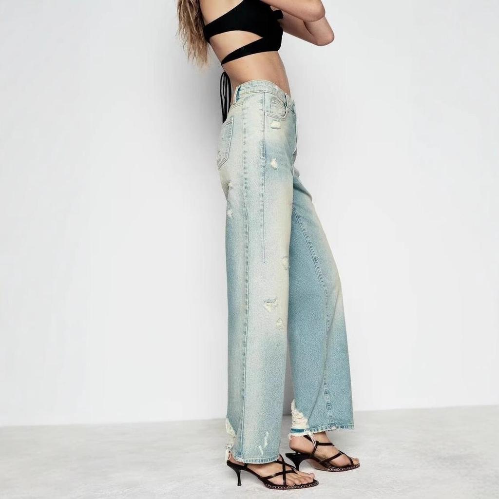 2024 Autumn Women's Distressed Mid-Waist Straight-Leg Jeans - French-Inspired European & American Fashion Trend