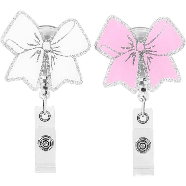 2 Pcs Acrylic Carabiner Holder Bows Badge Reels ID Badge Holder Retractable Keyring Name Card Holder for Office School