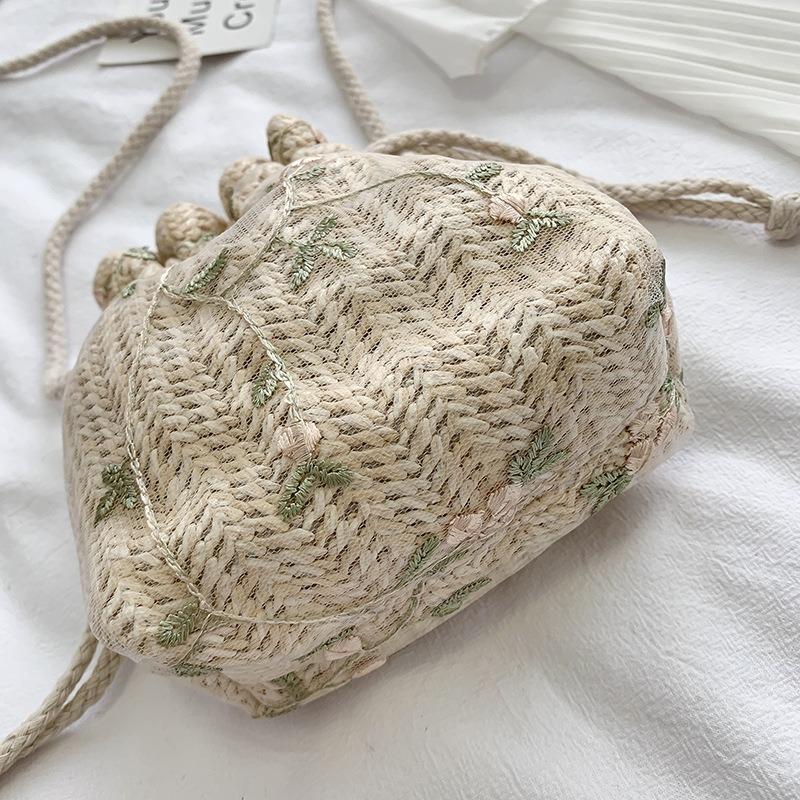 Woven Bag Women, New Trendy Fashion Lace Versatile Drawstring Bucket Bag Shoulder Crossbody Straw Woven Bag