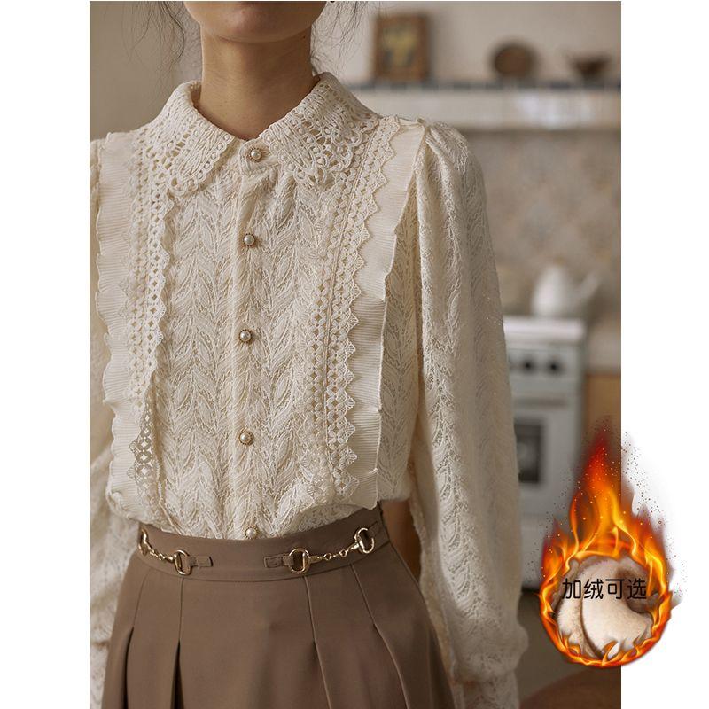 

Франция Ретро Плюс Бархатная Подбитая Кружевная Блузка Женская Мода Длинные Рукава Тонкие Топы Осень Зима 2024 Новая Элегантная Теплая Рубашка One size бежевый