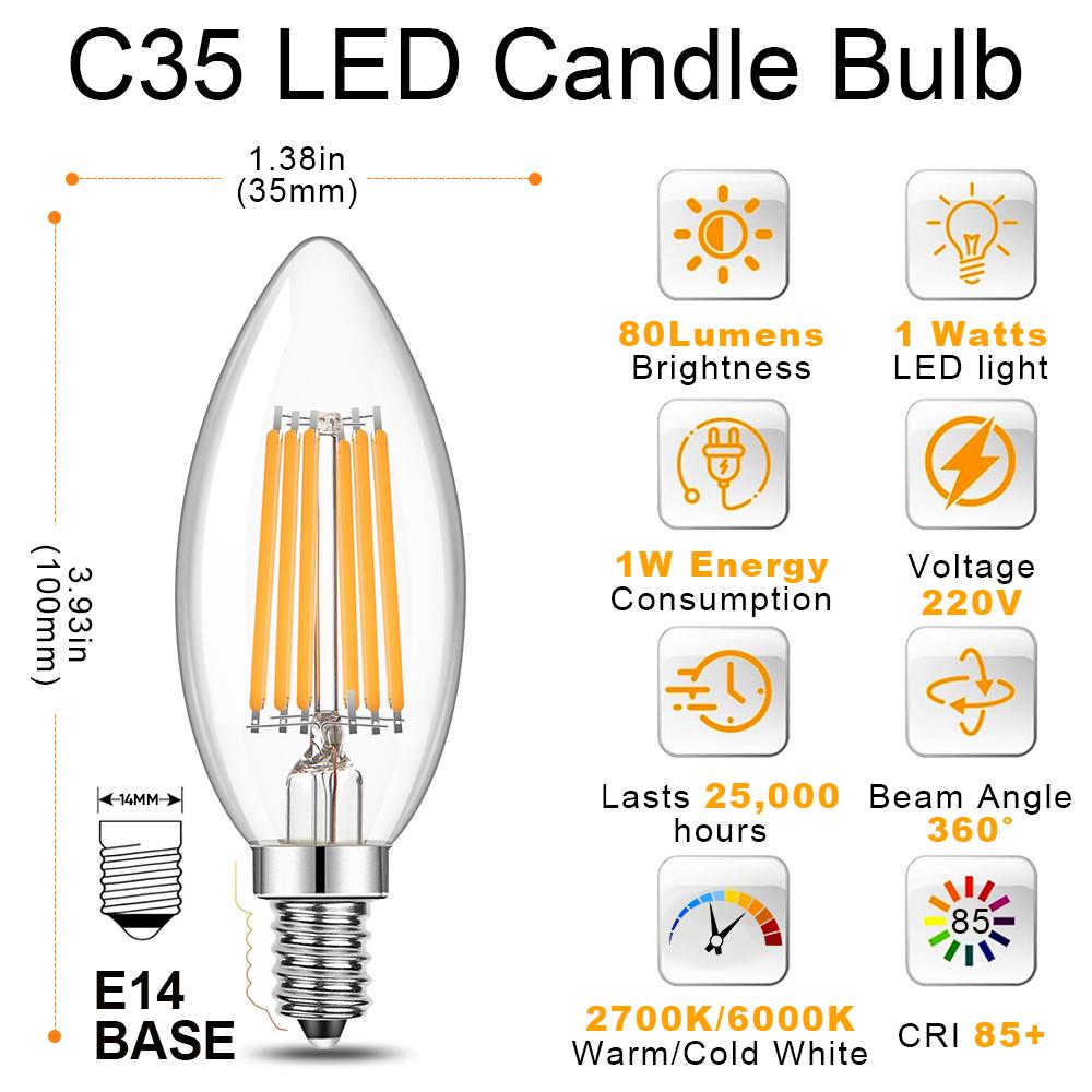Candle C35 E14 4W 6W 220V Led Light Bulbs Warm White Dimmable Replaable Pendant Chandelier Indoor filament lamp Decor Home