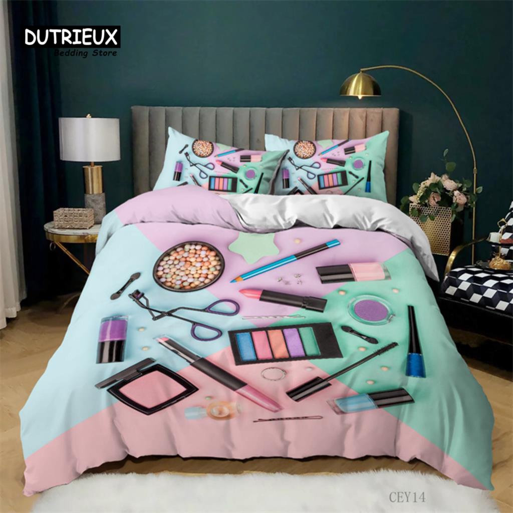 Fashion Sleep Bedding Collection Makeup Cosmetic Theme Bedspread Cover Polyester Perfume Lipstick Nail Polish Brush Print Pattern Quilt Cover King