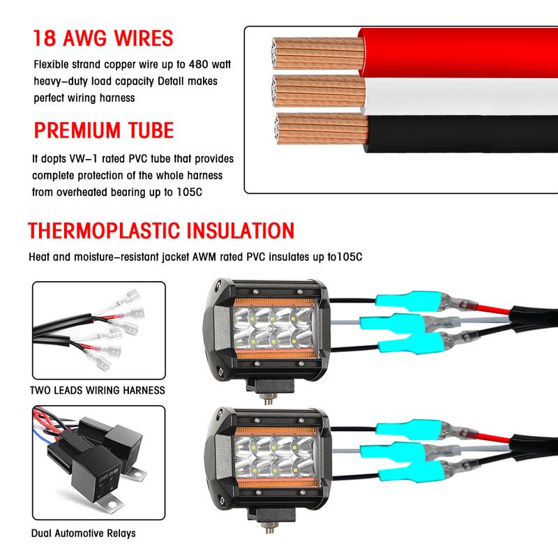 Firedrake LED Car Headlight Harness Switch Kit Off-road Vehicle Work Light Relay Cable Wire For Truck Boat 480W 16V 3m Wire Kit
