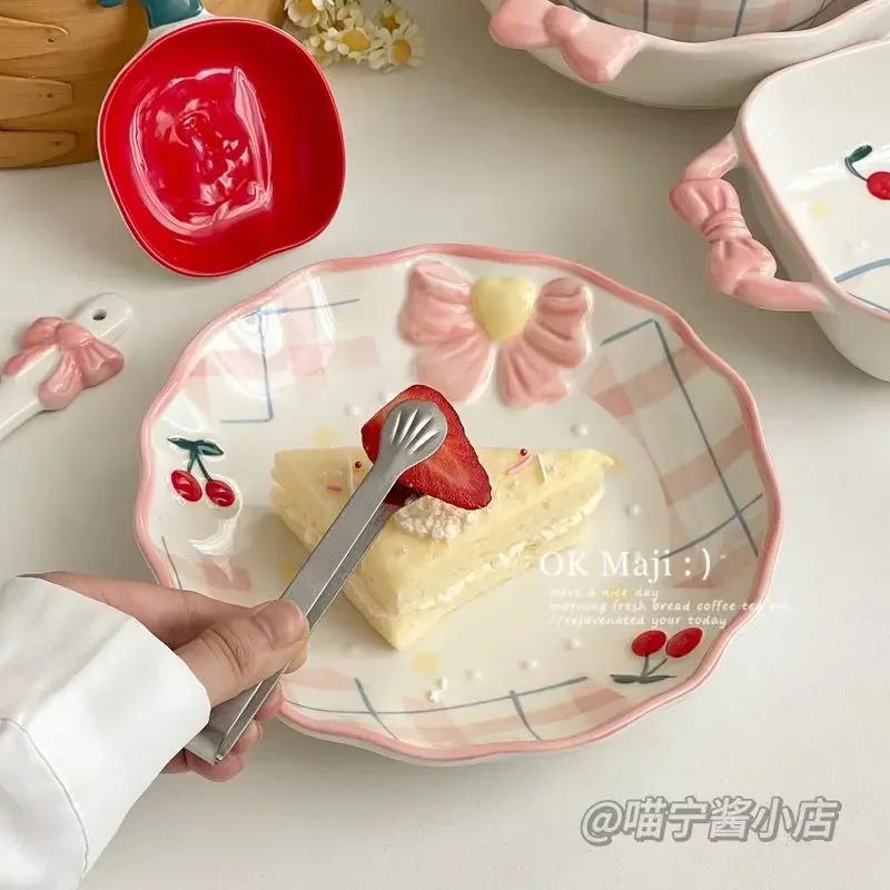 Instagram Cherry Plate Home Vegetable Plate Breakfast Plate High Beauty Dessert Cute Ceramic Tableware Flat Dish Set Decoration