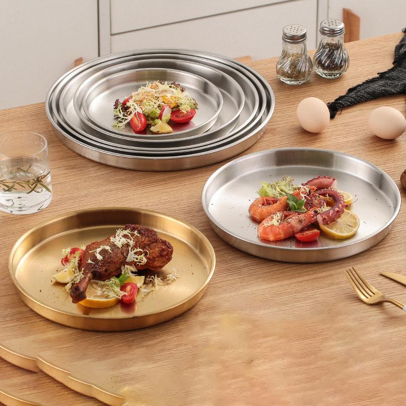 4 Sizes Deep Stainless Steel Meal Trays Round Dish Plates Barbecue Fruit Noodles Salad Mixing Dish Bowl Hotel Kitchen Tableware