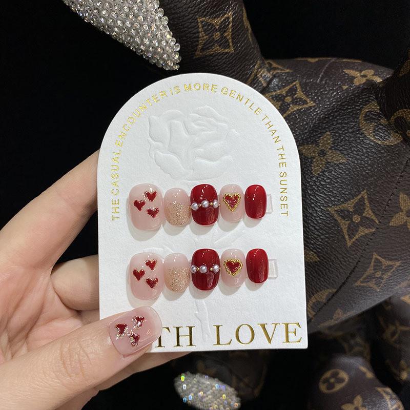 Nails High Grade Red Heart Pearls Sparkling And Falling In Love At Sight First