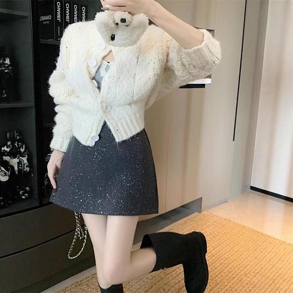 2025 Winter Women's High-End Retro A-Line Sparkly Woolen Short Skirt