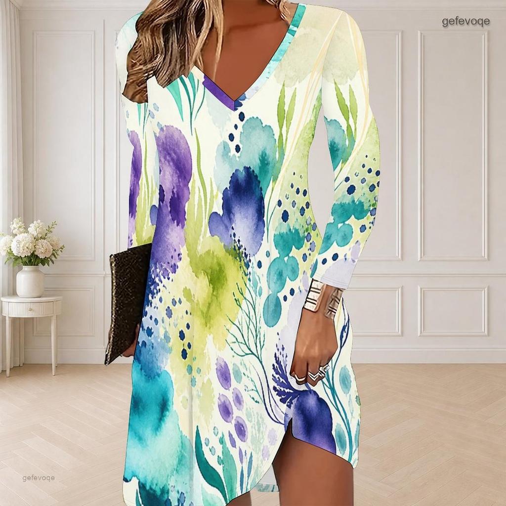 Women Plus Size V Neck Long Sleeve Blue Printed Curved Hem Dress