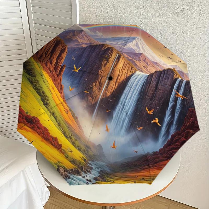 

1pc Rainbow Mountains Waterfall Landscape Umbrella with Plastic Handle,Suitable for All Seasons Home Travel Outdoor UmbrellaDD942