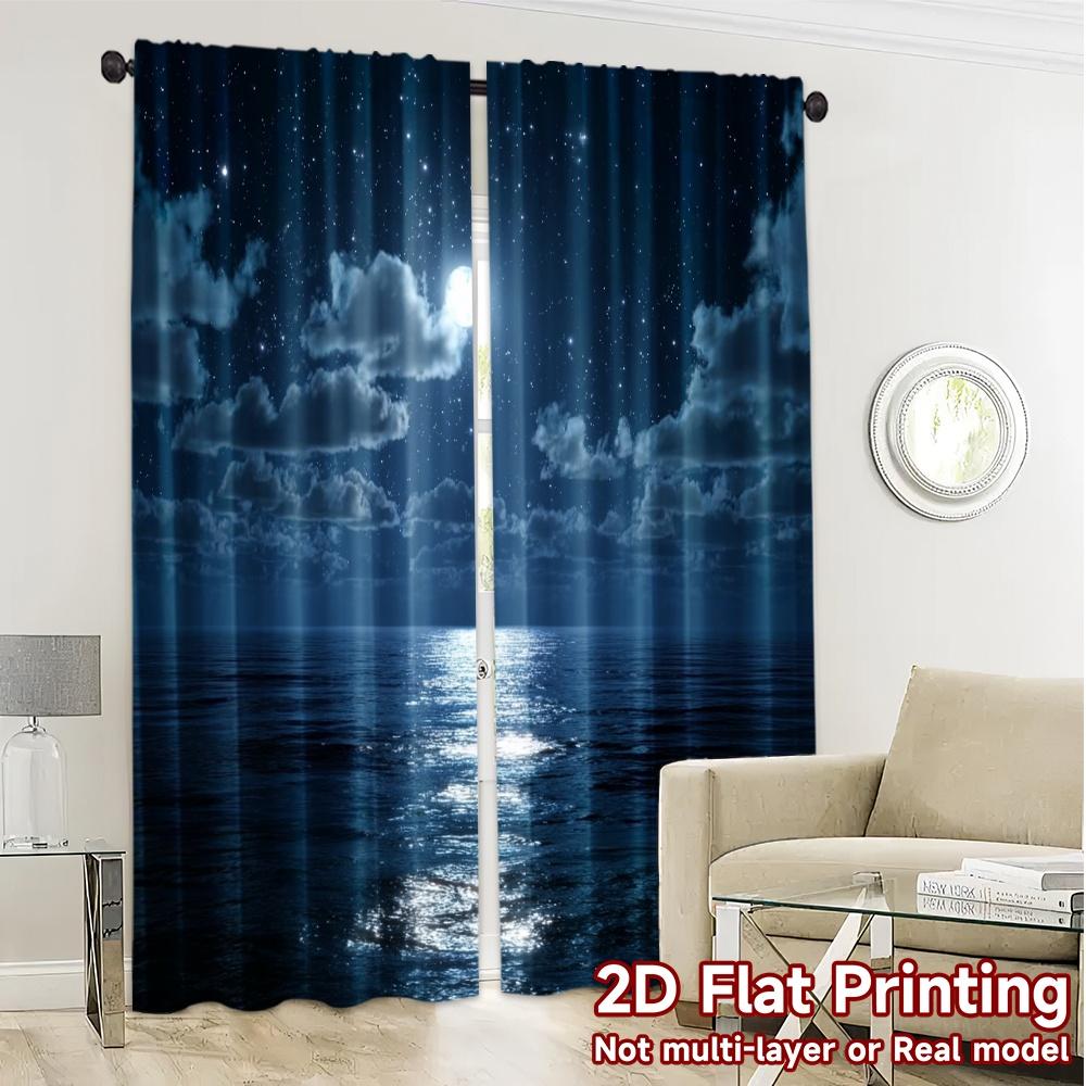 2pcs   2D FLAT PRINTING Curtains (Without Rod) Moonlit Ocean Modern Light Filtering Curtains Durable Polyester Curtains