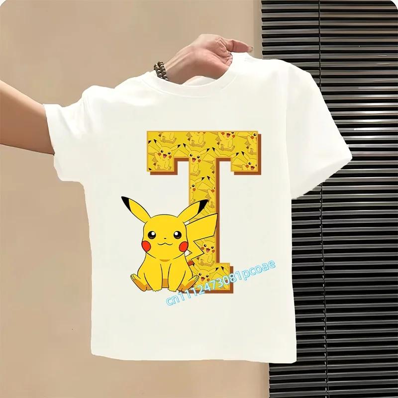 Short Sleeve Summer T-shirt Tops Cotton Tee for Pokemon Pikachu Anime A-Z Letters Printed Cute Clothing Children Casual Clothes